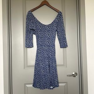 Nordstrom Lush Blue Floral Scoop Neck A Line 3/4 Sleeve Dress with Cross Back-LG